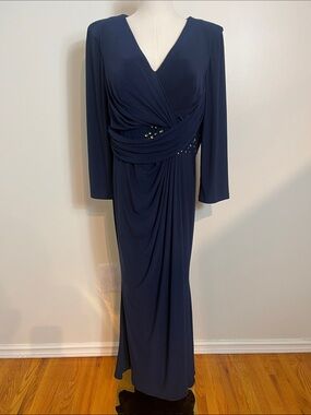 Rina Di Montella Navy Blue Maxi Dress with Embellished Waist